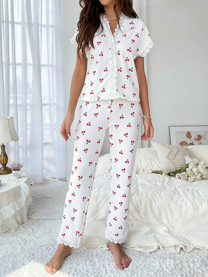 2-teiliges Spitzen-Pyjama-Set mit Kirsch-Print für Damen