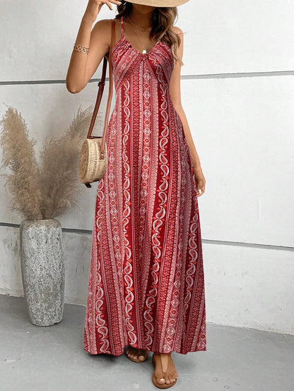 Damen Sommerkleid mit ethnischem Muster, rückenfrei, geteilter Oberschenkel, Damen-Sommerkleidung, Boho-Mode, Rüschenbesatz, langes Kleid für den Strand