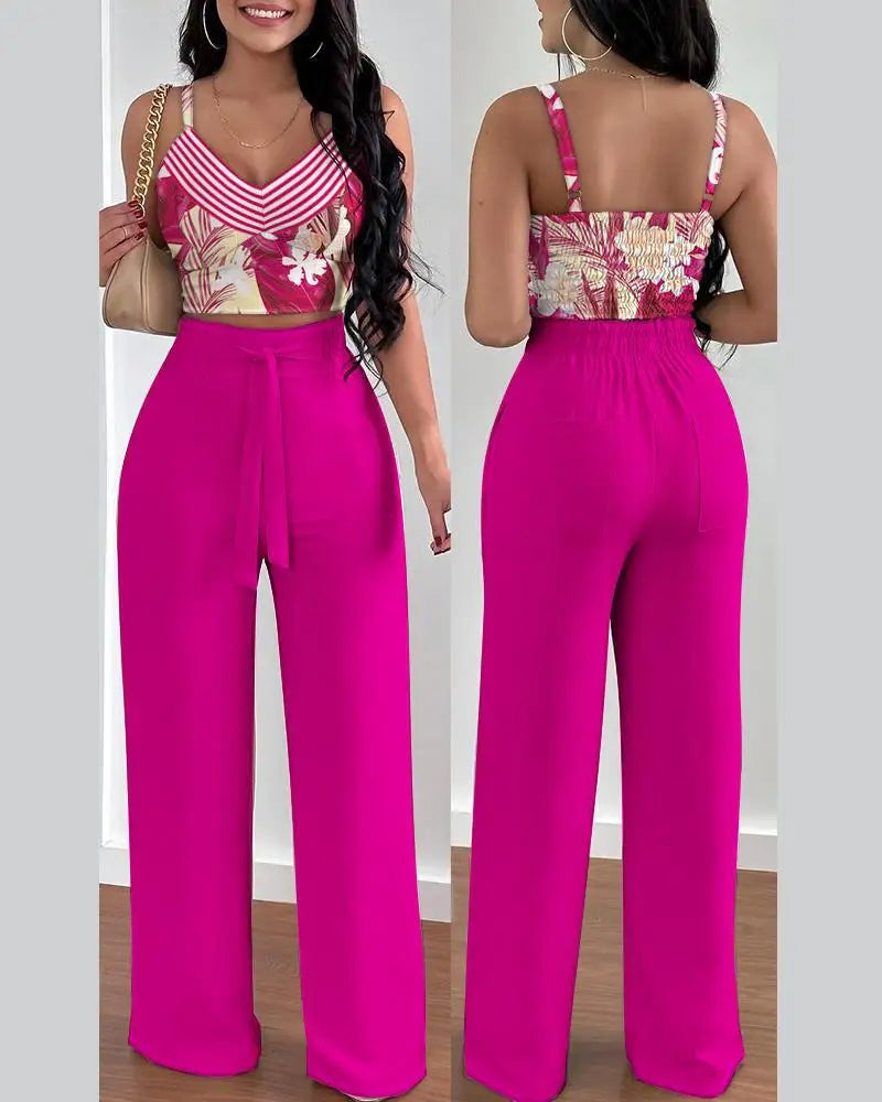 2-teiliges Outfit, V-Ausschnitt-Träger, gerafftes, schmales Crop-Top und Schnür-Hosen-Sets mit weitem Bein, eleganter Büro-Damenanzug