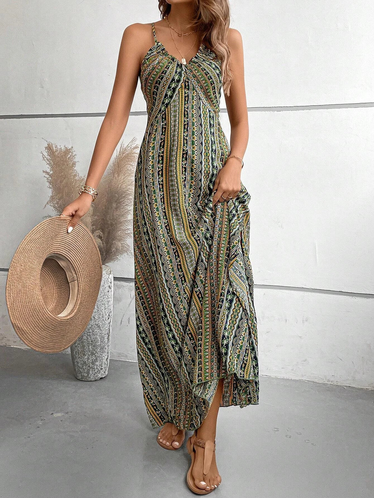 Damen Sommerkleid mit ethnischem Muster, rückenfrei, geteilter Oberschenkel, Damen-Sommerkleidung, Boho-Mode, Rüschenbesatz, langes Kleid für den Strand
