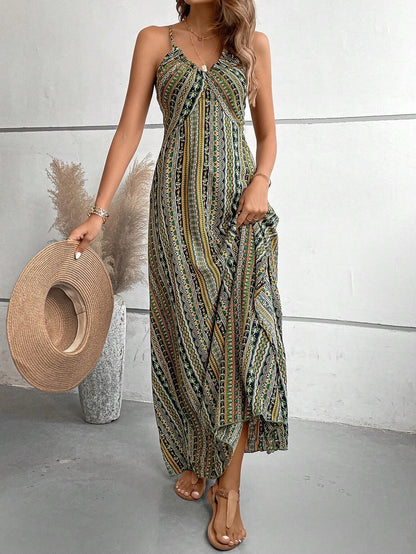 Damen Sommerkleid mit ethnischem Muster, rückenfrei, geteilter Oberschenkel, Damen-Sommerkleidung, Boho-Mode, Rüschenbesatz, langes Kleid für den Strand
