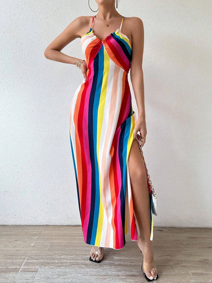 Damen Sommerkleid mit ethnischem Muster, rückenfrei, geteilter Oberschenkel, Damen-Sommerkleidung, Boho-Mode, Rüschenbesatz, langes Kleid für den Strand