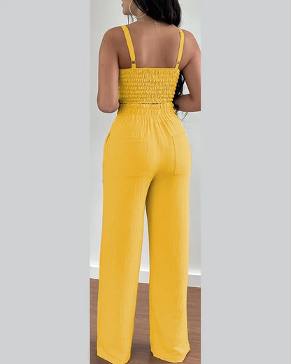 2-teiliges Outfit, V-Ausschnitt-Träger, gerafftes, schmales Crop-Top und Schnür-Hosen-Sets mit weitem Bein, eleganter Büro-Damenanzug