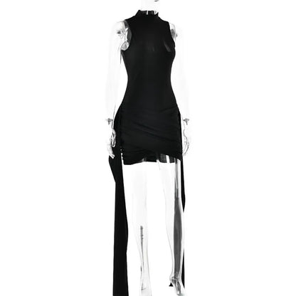 Mozision Rollkragen Ärmelloses Sexy Mini Kleid Für Frauen Mode Unregelmäßige Geraffte Tank Kleid Femme Elegante Club Party Kleid