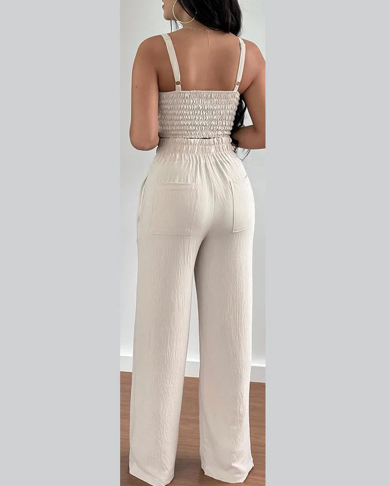 2-teiliges Outfit, V-Ausschnitt-Träger, gerafftes, schmales Crop-Top und Schnür-Hosen-Sets mit weitem Bein, eleganter Büro-Damenanzug