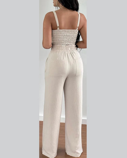 2-teiliges Outfit, V-Ausschnitt-Träger, gerafftes, schmales Crop-Top und Schnür-Hosen-Sets mit weitem Bein, eleganter Büro-Damenanzug