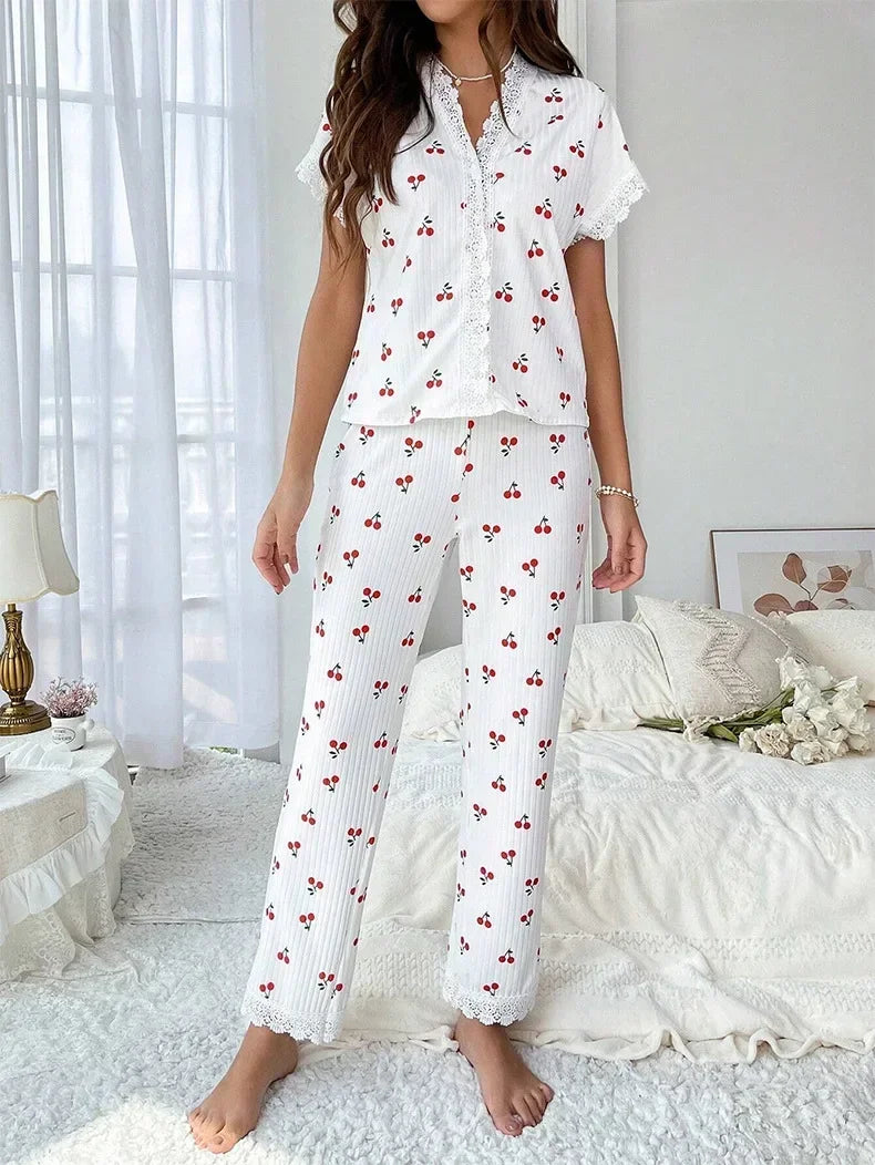 2-teiliges Spitzen-Pyjama-Set mit Kirsch-Print für Damen