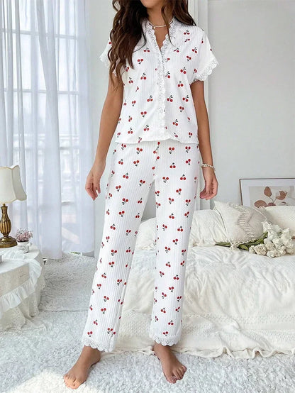 2-teiliges Spitzen-Pyjama-Set mit Kirsch-Print für Damen