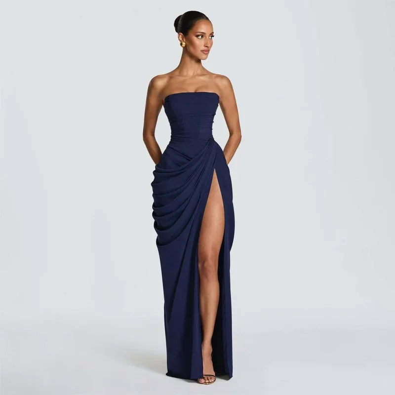 Einfarbiges Plissiertes Trägerloses Kleid Schickes Schulterfreies Rückenfreies Hochgeschnittenes Kleid mit Schlitz 2026 Neues Abendkleid