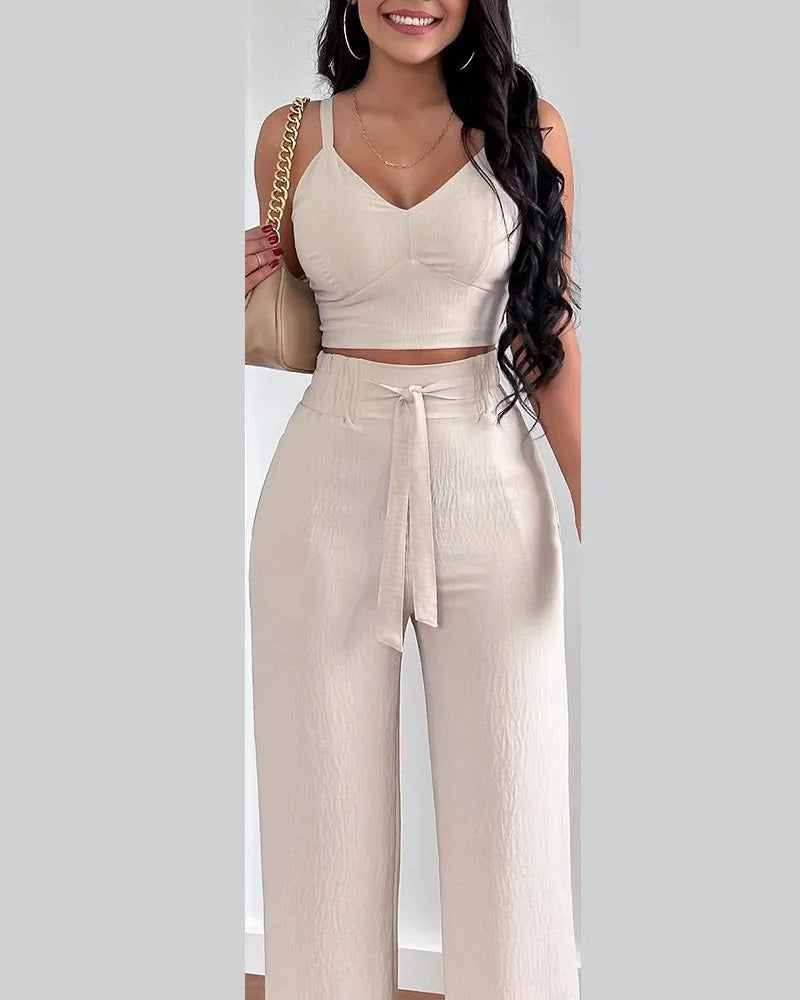 2-teiliges Outfit, V-Ausschnitt-Träger, gerafftes, schmales Crop-Top und Schnür-Hosen-Sets mit weitem Bein, eleganter Büro-Damenanzug
