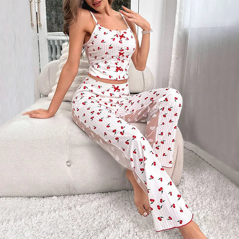 2-teiliges Spitzen-Pyjama-Set mit Herzchen-Print für Damen