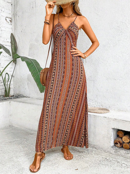 Damen Sommerkleid mit ethnischem Muster, rückenfrei, geteilter Oberschenkel, Damen-Sommerkleidung, Boho-Mode, Rüschenbesatz, langes Kleid für den Strand