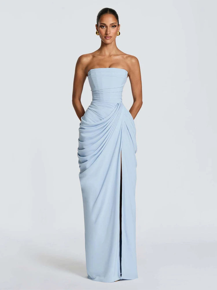 Einfarbiges Plissiertes Trägerloses Kleid Schickes Schulterfreies Rückenfreies Hochgeschnittenes Kleid mit Schlitz 2026 Neues Abendkleid