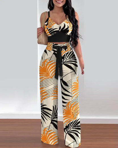 2-teiliges Outfit, V-Ausschnitt-Träger, gerafftes, schmales Crop-Top und Schnür-Hosen-Sets mit weitem Bein, eleganter Büro-Damenanzug
