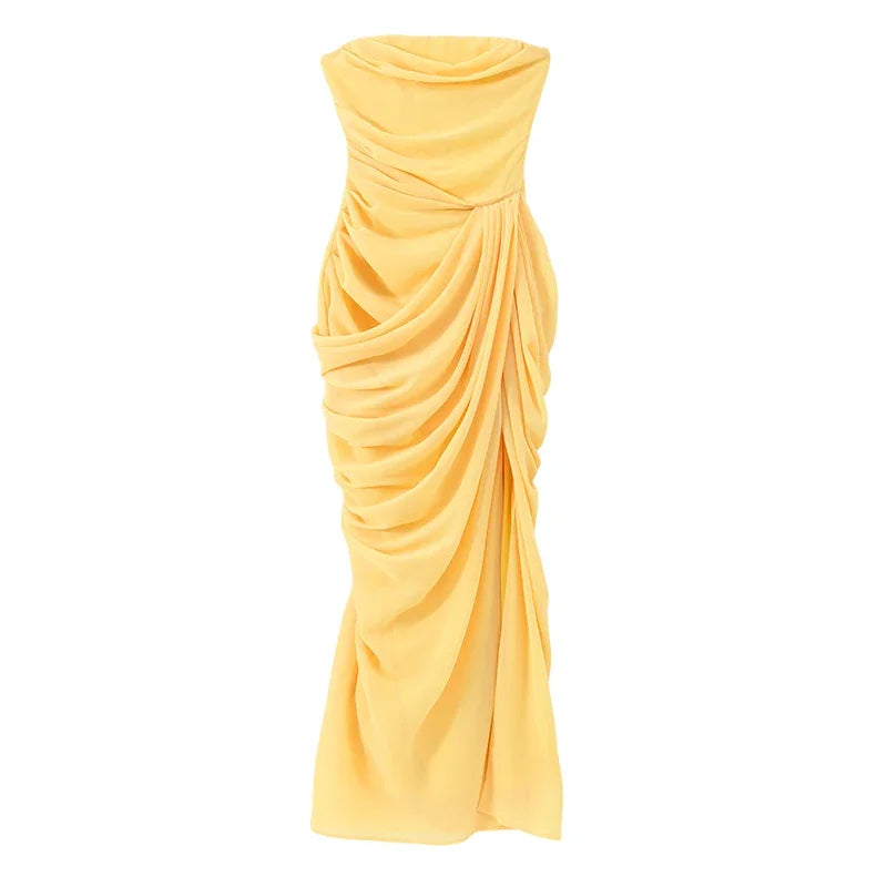 Einfarbiges Plissiertes Trägerloses Kleid Schickes Schulterfreies Rückenfreies Hochgeschnittenes Kleid mit Schlitz 2026 Neues Abendkleid