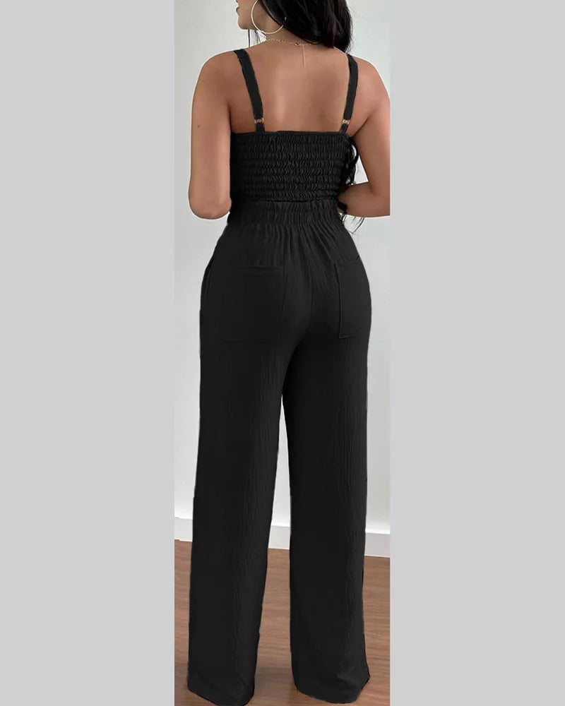 2-teiliges Outfit, V-Ausschnitt-Träger, gerafftes, schmales Crop-Top und Schnür-Hosen-Sets mit weitem Bein, eleganter Büro-Damenanzug