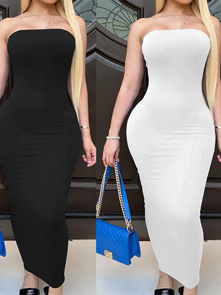 Frühling Sommer Damen Kleid Einfarbig Sexy ärmellose Brust gewickelt langes Strandkleid