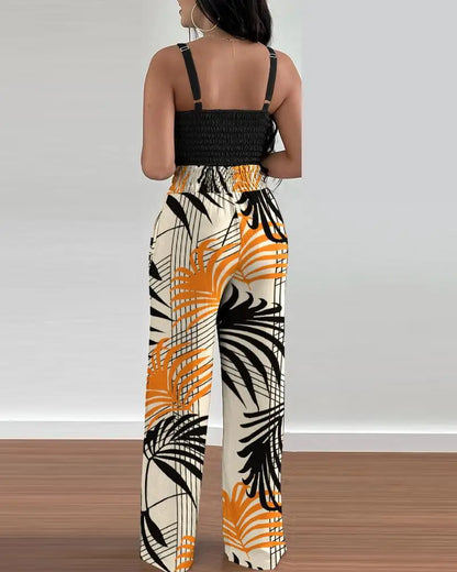 2-teiliges Outfit, V-Ausschnitt-Träger, gerafftes, schmales Crop-Top und Schnür-Hosen-Sets mit weitem Bein, eleganter Büro-Damenanzug
