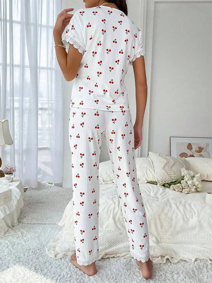 2-teiliges Spitzen-Pyjama-Set mit Kirsch-Print für Damen
