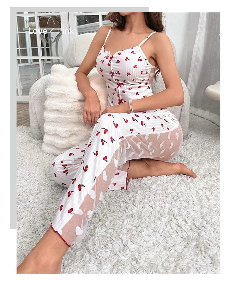 2-teiliges Spitzen-Pyjama-Set mit Herzchen-Print für Damen