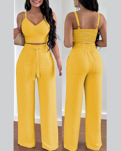 2-teiliges Outfit, V-Ausschnitt-Träger, gerafftes, schmales Crop-Top und Schnür-Hosen-Sets mit weitem Bein, eleganter Büro-Damenanzug