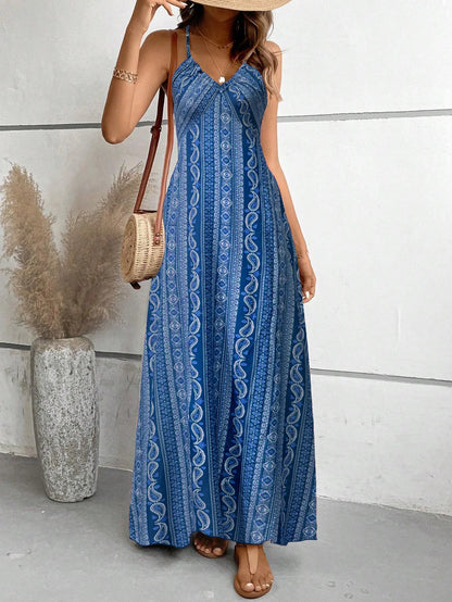 Damen Sommerkleid mit ethnischem Muster, rückenfrei, geteilter Oberschenkel, Damen-Sommerkleidung, Boho-Mode, Rüschenbesatz, langes Kleid für den Strand