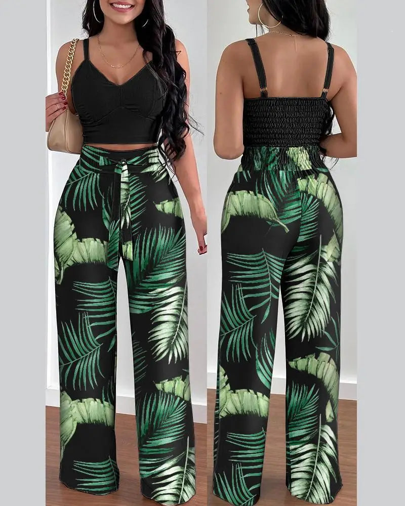 2-teiliges Outfit, V-Ausschnitt-Träger, gerafftes, schmales Crop-Top und Schnür-Hosen-Sets mit weitem Bein, eleganter Büro-Damenanzug