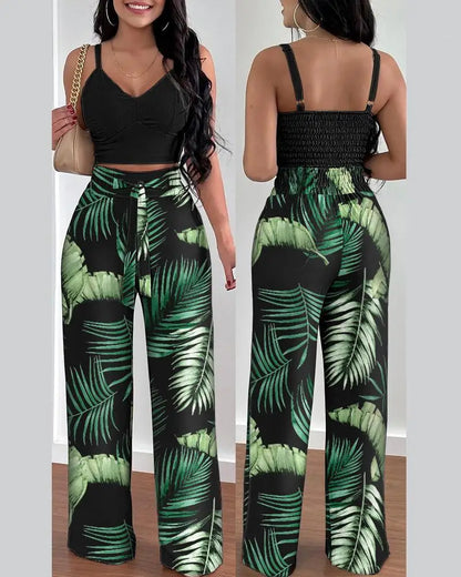 2-teiliges Outfit, V-Ausschnitt-Träger, gerafftes, schmales Crop-Top und Schnür-Hosen-Sets mit weitem Bein, eleganter Büro-Damenanzug