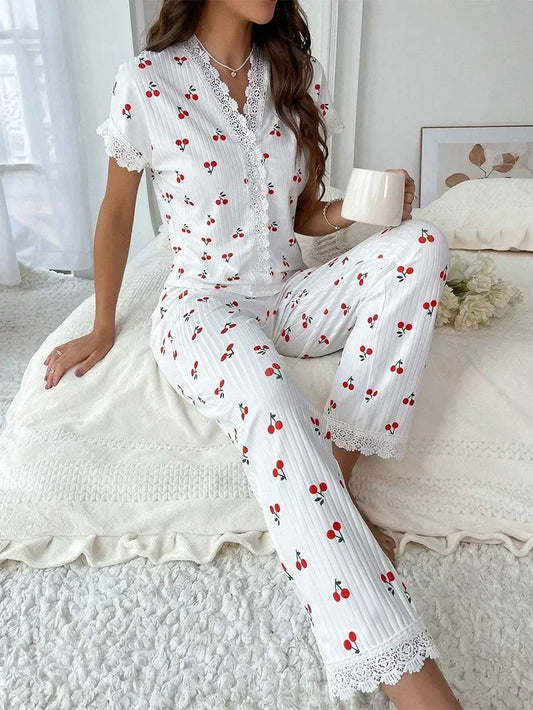 2-teiliges Spitzen-Pyjama-Set mit Kirsch-Print für Damen