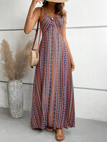 Damen Sommerkleid mit ethnischem Muster, rückenfrei, geteilter Oberschenkel, Damen-Sommerkleidung, Boho-Mode, Rüschenbesatz, langes Kleid für den Strand