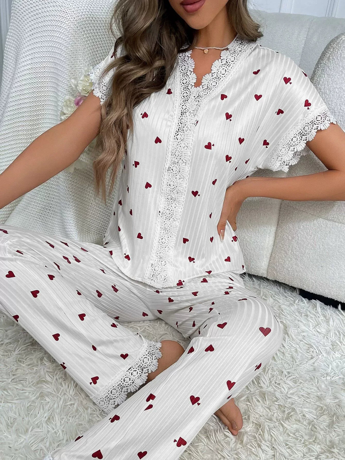2-teiliges Spitzen-Pyjama-Set mit Kirsch-Print für Damen