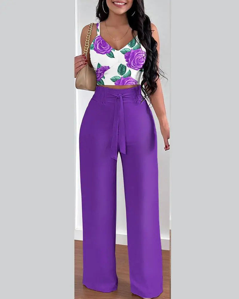 2-teiliges Outfit, V-Ausschnitt-Träger, gerafftes, schmales Crop-Top und Schnür-Hosen-Sets mit weitem Bein, eleganter Büro-Damenanzug