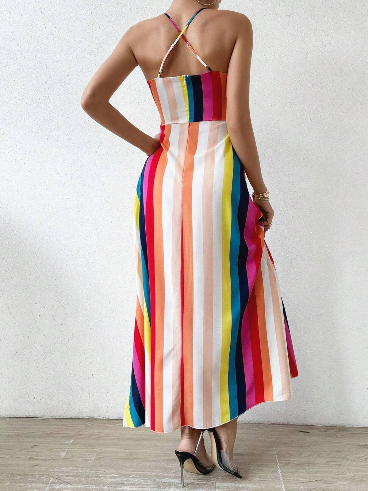 Damen Sommerkleid mit ethnischem Muster, rückenfrei, geteilter Oberschenkel, Damen-Sommerkleidung, Boho-Mode, Rüschenbesatz, langes Kleid für den Strand