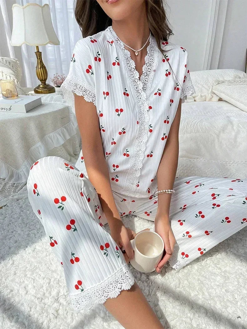 2-teiliges Spitzen-Pyjama-Set mit Kirsch-Print für Damen
