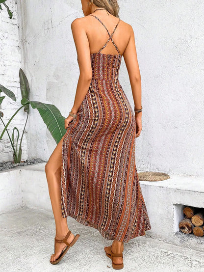 Damen Sommerkleid mit ethnischem Muster, rückenfrei, geteilter Oberschenkel, Damen-Sommerkleidung, Boho-Mode, Rüschenbesatz, langes Kleid für den Strand