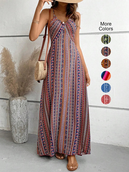 Damen Sommerkleid mit ethnischem Muster, rückenfrei, geteilter Oberschenkel, Damen-Sommerkleidung, Boho-Mode, Rüschenbesatz, langes Kleid für den Strand