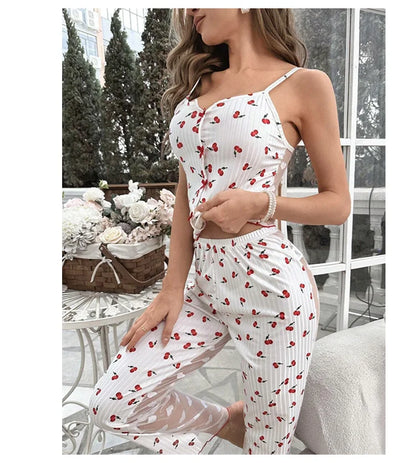 2-teiliges Spitzen-Pyjama-Set mit Herzchen-Print für Damen