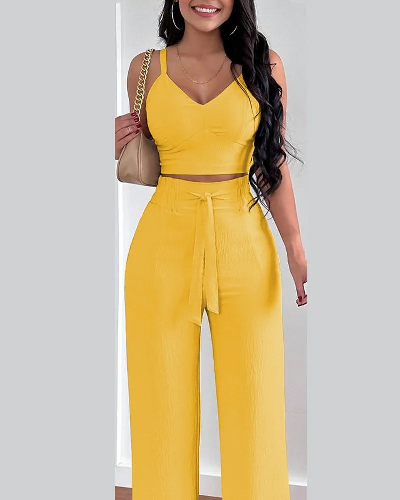 2-teiliges Outfit, V-Ausschnitt-Träger, gerafftes, schmales Crop-Top und Schnür-Hosen-Sets mit weitem Bein, eleganter Büro-Damenanzug