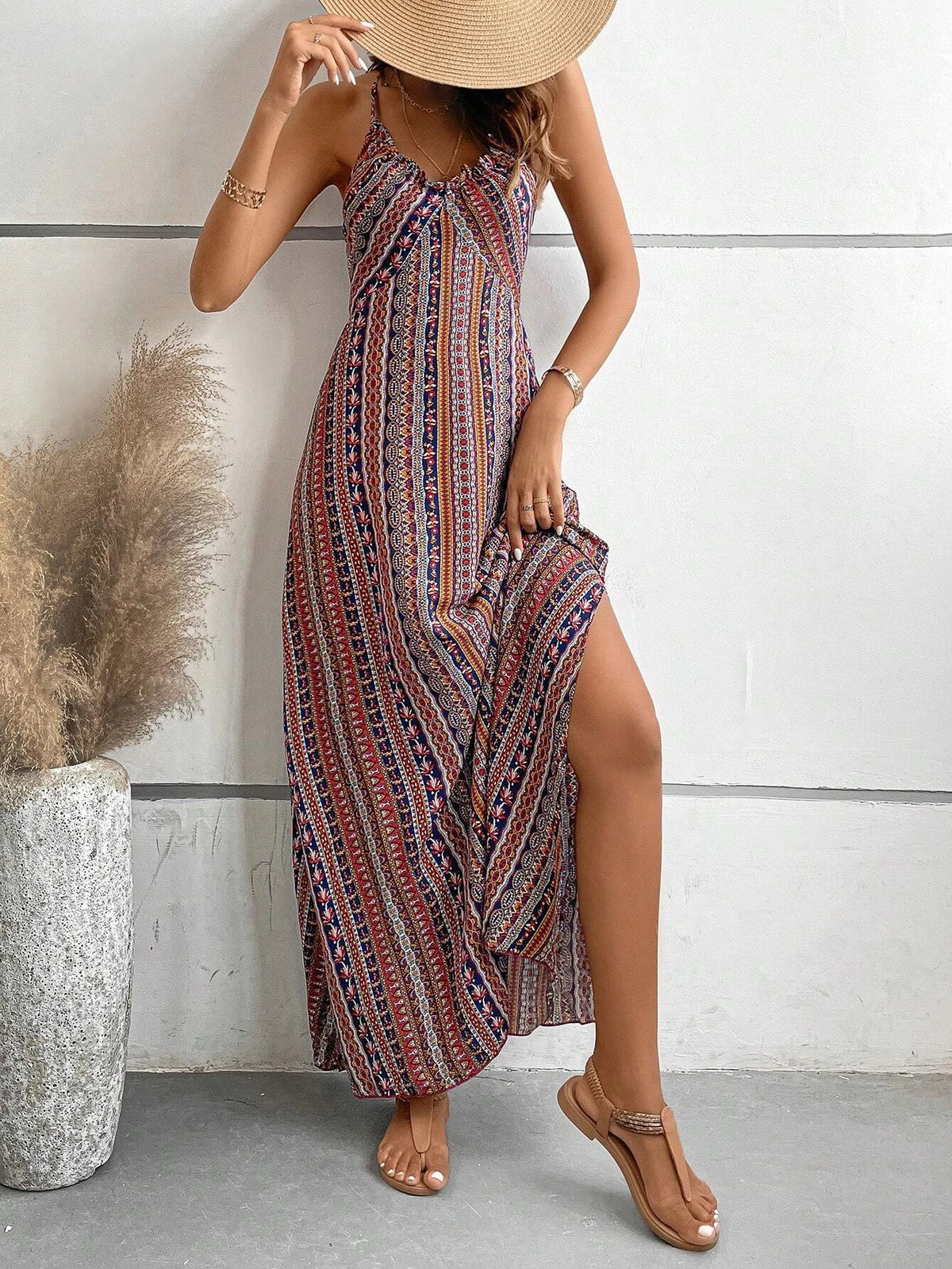 Damen Sommerkleid mit ethnischem Muster, rückenfrei, geteilter Oberschenkel, Damen-Sommerkleidung, Boho-Mode, Rüschenbesatz, langes Kleid für den Strand