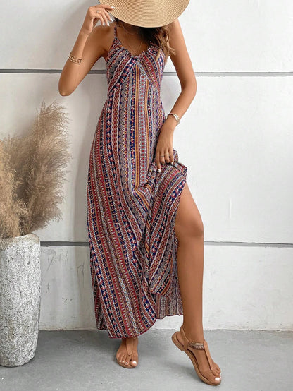 Damen Sommerkleid mit ethnischem Muster, rückenfrei, geteilter Oberschenkel, Damen-Sommerkleidung, Boho-Mode, Rüschenbesatz, langes Kleid für den Strand