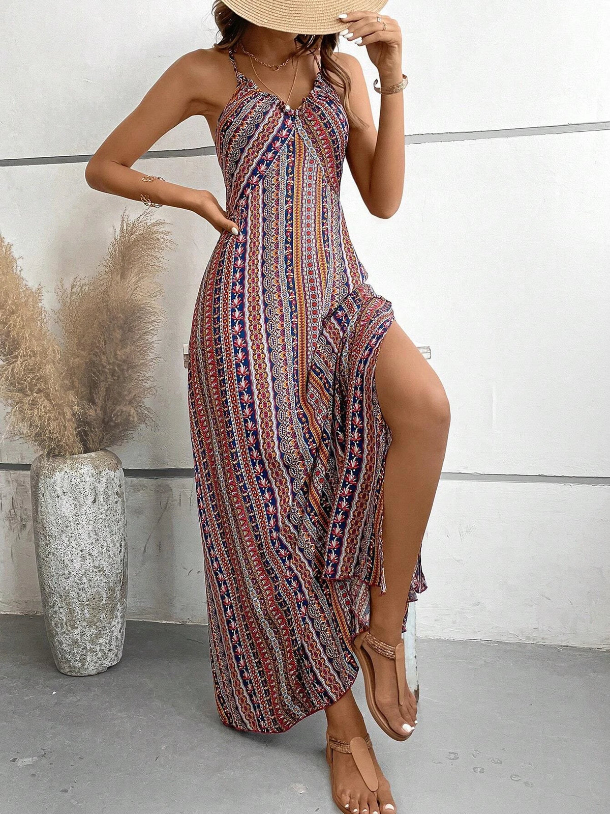 Damen Sommerkleid mit ethnischem Muster, rückenfrei, geteilter Oberschenkel, Damen-Sommerkleidung, Boho-Mode, Rüschenbesatz, langes Kleid für den Strand