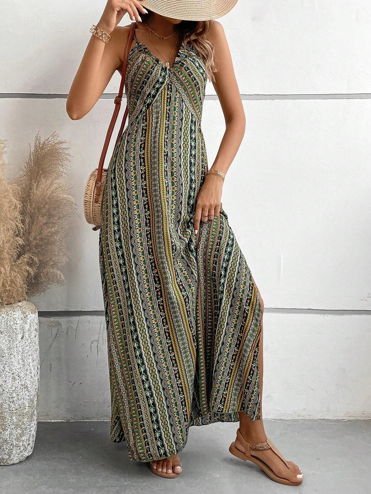Damen Sommerkleid mit ethnischem Muster, rückenfrei, geteilter Oberschenkel, Damen-Sommerkleidung, Boho-Mode, Rüschenbesatz, langes Kleid für den Strand