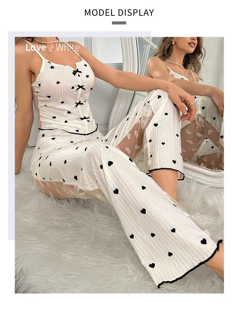 2-teiliges Spitzen-Pyjama-Set mit Herzchen-Print für Damen