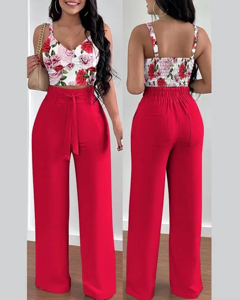 2-teiliges Outfit, V-Ausschnitt-Träger, gerafftes, schmales Crop-Top und Schnür-Hosen-Sets mit weitem Bein, eleganter Büro-Damenanzug