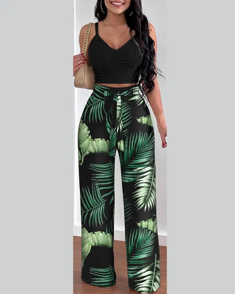 2-teiliges Outfit, V-Ausschnitt-Träger, gerafftes, schmales Crop-Top und Schnür-Hosen-Sets mit weitem Bein, eleganter Büro-Damenanzug