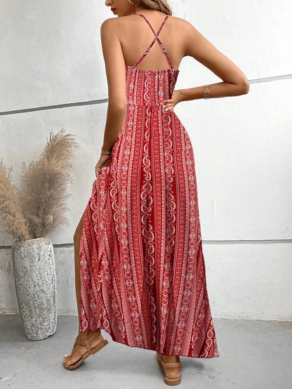 Damen Sommerkleid mit ethnischem Muster, rückenfrei, geteilter Oberschenkel, Damen-Sommerkleidung, Boho-Mode, Rüschenbesatz, langes Kleid für den Strand