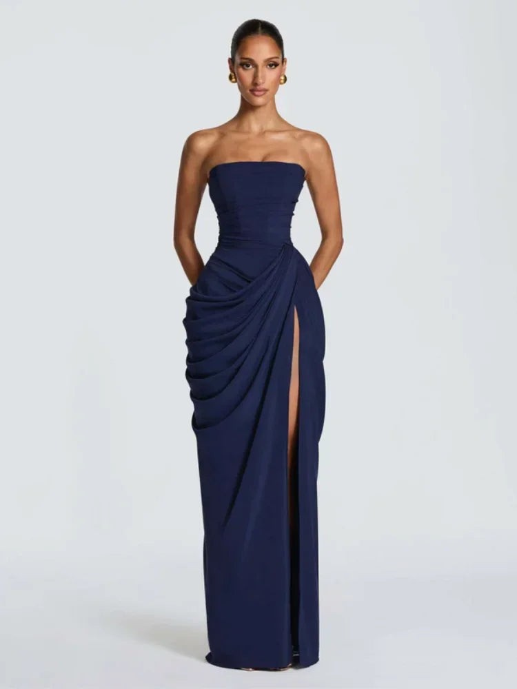 Einfarbiges Plissiertes Trägerloses Kleid Schickes Schulterfreies Rückenfreies Hochgeschnittenes Kleid mit Schlitz 2026 Neues Abendkleid