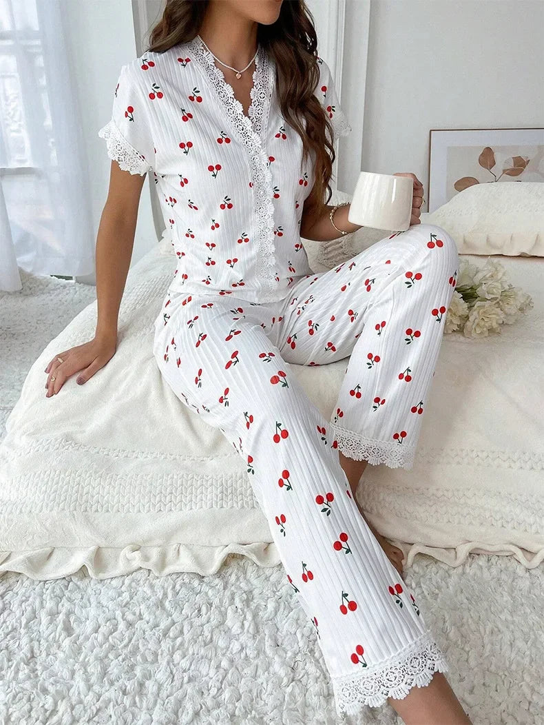 2-teiliges Spitzen-Pyjama-Set mit Kirsch-Print für Damen