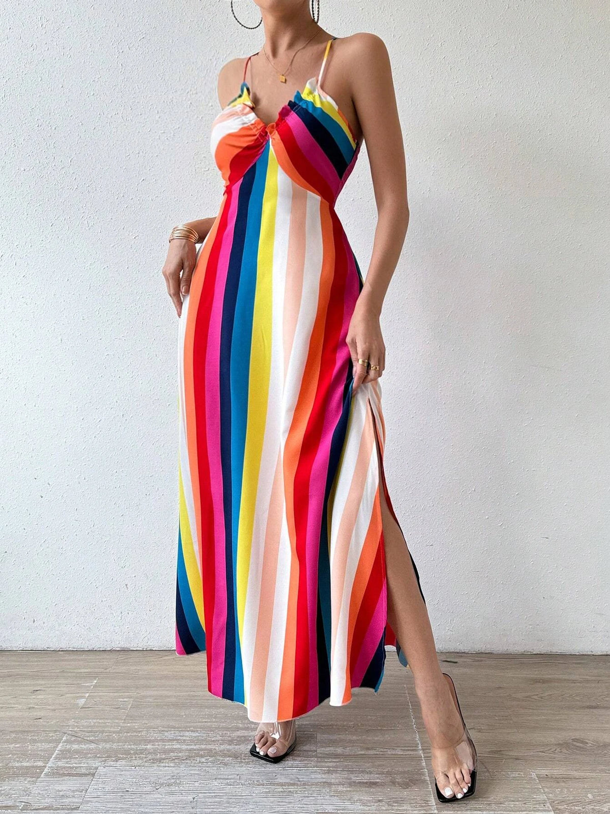 Damen Sommerkleid mit ethnischem Muster, rückenfrei, geteilter Oberschenkel, Damen-Sommerkleidung, Boho-Mode, Rüschenbesatz, langes Kleid für den Strand