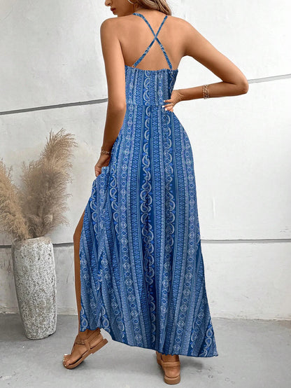 Damen Sommerkleid mit ethnischem Muster, rückenfrei, geteilter Oberschenkel, Damen-Sommerkleidung, Boho-Mode, Rüschenbesatz, langes Kleid für den Strand